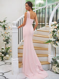 Sheath/Column Stretch Crepe Ruched One-Shoulder Sleeveless Sweep/Brush Train Bridesmaid Dresses TPP0004913