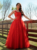 A-Line/Princess Tulle Applique Off-the-Shoulder Sleeveless Floor-Length Dresses TPP0001443