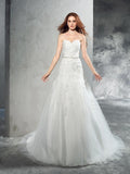 Sheath/Column Sweetheart Applique Sleeveless Long Satin Wedding Dresses TPP0006806