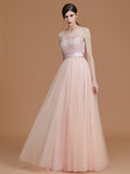 A-Line/Princess Bateau Sleeveless Floor-Length Applique Tulle Bridesmaid Dresses TPP0005365