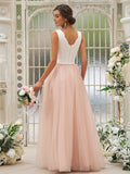 A-Line/Princess Tulle Lace V-neck Sleeveless Floor-Length Bridesmaid Dresses TPP0004942