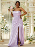 Sheath/Column Silk like Satin Ruched Sweetheart Sleeveless Sweep/Brush Train Bridesmaid Dresses TPP0005000