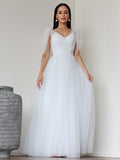 A-Line/Princess Tulle Ruffles V-neck Sleeveless Floor-Length Wedding Dresses TPP0007026