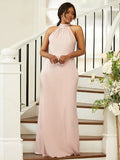 Sheath/Column Silk like Satin Ruched Halter Sleeveless Floor-Length Bridesmaid Dresses TPP0004984