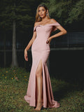 Sheath/Column Stretch Crepe Ruffles Off-the-Shoulder Sleeveless Sweep/Brush Train Bridesmaid Dresses TPP0004955