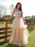 A-Line/Princess Tulle Beading Scoop Sleeveless Floor-Length Two Piece Dresses TPP0001419