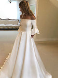 A-Line/Princess Off-the-Shoulder Charmeuse Ruffles 3/4 Sleeves Court Train Wedding Dresses TPP0006955