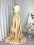 A-Line/Princess Sleeveless V-neck Sweep/Brush Train Ruffles Spandex Bridesmaid Dresses TPP0004911