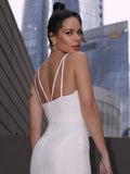 Sheath/Column Stretch Crepe Ruched V-neck Sleeveless Sweep/Brush Train Wedding Dresses TPP0006443