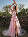 A-Line/Princess Tulle Applique V-neck Sleeveless Sweep/Brush Train Dresses TPP0001430