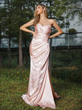 Sheath/Column Silk like Satin Ruched Sweetheart Sleeveless Sweep/Brush Train Bridesmaid Dresses TPP0004946