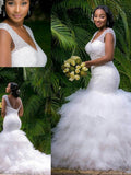 Trumpet/Mermaid V-neck Sleeveless Cathedral Train Beading Tulle Wedding Dresses TPP0006330