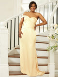 Sheath/Column Elastic Woven Satin Ruched One-Shoulder Sleeveless Sweep/Brush Train Bridesmaid Dresses TPP0004986