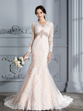 Trumpet/Mermaid V-Neck Beading Long Sleeves Sweep/Brush Train Tulle Wedding Dresses TPP0006655