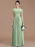 A-Line/Princess Jewel Short Sleeves Lace Floor-Length Chiffon Bridesmaid Dresses TPP0005179