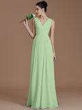 A-Line/Princess V-neck Sleeveless Ruched Floor-Length Chiffon Bridesmaid Dresses TPP0005037