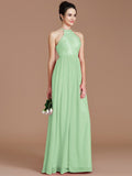 A-Line/Princess Halter Sleeveless Lace Floor-Length Chiffon Bridesmaid Dresses TPP0005320