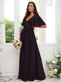 A-Line/Princess Silk like Satin Sash/Ribbon/Belt V-neck Short Sleeves Floor-Length Bridesmaid Dresses TPP0004897