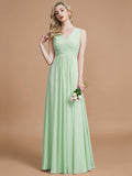 A-Line/Princess V-neck Sleeveless Ruched Floor-Length Chiffon Bridesmaid Dresses TPP0005343