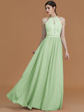 A-Line/Princess Halter Sleeveless Floor-Length Lace Chiffon Bridesmaid Dresses TPP0005137