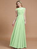 A-Line/Princess Scoop Short Sleeves Chiffon Floor-Length Bridesmaid Dresses TPP0005597