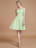 A-Line/Princess V-neck Sleeveless Lace Short/Mini Chiffon Bridesmaid Dresses TPP0005355