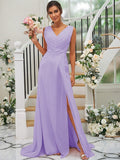 A-Line/Princess Chiffon Ruched V-neck Sleeveless Sweep/Brush Train Bridesmaid Dresses TPP0004916