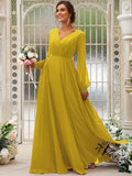 A-Line/Princess Chiffon Ruched V-neck Long Sleeves Floor-Length Bridesmaid Dresses TPP0004950