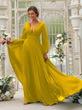 A-Line/Princess Chiffon Ruffles V-neck Long Sleeves Sweep/Brush Train Bridesmaid Dresses TPP0004894