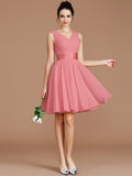 A-Line/Princess V-neck Sleeveless Sash/Ribbon/Belt Short/Mini Chiffon Bridesmaid Dresses TPP0005048