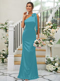 Sheath/Column Silk like Satin Bowknot One-Shoulder Sleeveless Floor-Length Bridesmaid Dresses TPP0004917