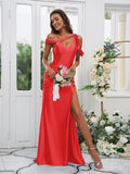 Sheath/Column Charmeuse Ruched Off-the-Shoulder Sleeveless Sweep/Brush Train Bridesmaid Dresses TPP0004898