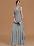 A-Line/Princess V-neck Sleeveless Floor-Length Beading Chiffon Bridesmaid Dresses TPP0005456