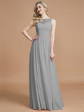 A-Line/Princess Bateau Sleeveless Ruched Floor-Length Chiffon Bridesmaid Dresses TPP0005673