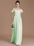 A-Line/Princess Off-the-Shoulder Sleeveless Ruched Floor-Length Chiffon Bridesmaid Dresses TPP0005324