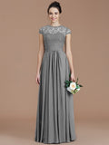 A-Line/Princess Jewel Short Sleeves Lace Floor-Length Chiffon Bridesmaid Dresses TPP0005179