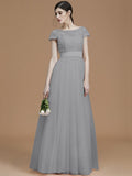 A-Line/Princess Bateau Short Sleeves Floor-Length Sash/Ribbon/Belt Tulle Bridesmaid Dresses TPP0005494