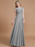 A-Line/Princess Scoop Short Sleeves Chiffon Floor-Length Bridesmaid Dresses TPP0005597