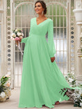 A-Line/Princess Chiffon Ruched V-neck Long Sleeves Floor-Length Bridesmaid Dresses TPP0004950