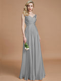 A-Line/Princess V-neck Sleeveless Ruched Floor-Length Silk like Satin Bridesmaid Dresses TPP0005430