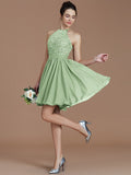 A-Line/Princess Halter Sleeveless Lace Short/Mini Chiffon Bridesmaid Dresses TPP0005132