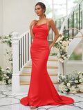 Sheath/Column Charmeuse Ruched Square Sleeveless Sweep/Brush Train Bridesmaid Dresses TPP0004912