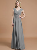 A-Line/Princess V-neck Sleeveless Ruched Floor-Length Chiffon Bridesmaid Dresses TPP0005567