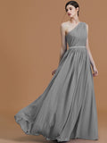 A-Line/Princess One-Shoulder Sleeveless Floor-Length Beading Chiffon Bridesmaid Dresses TPP0005259