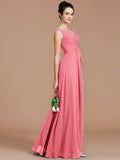 A-Line/Princess V-neck Sleeveless Ruched Floor-Length Chiffon Bridesmaid Dresses TPP0005504