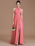 A-Line/Princess Halter Sleeveless Ruched Floor-Length Chiffon Bridesmaid Dresses TPP0005060