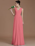 A-Line/Princess V-neck Sleeveless Ruched Floor-Length Chiffon Bridesmaid Dresses TPP0005037