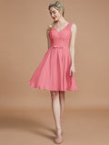 A-Line/Princess V-neck Sleeveless Lace Short/Mini Chiffon Bridesmaid Dresses TPP0005355