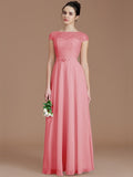 A-Line/Princess Bateau Sleeveless Lace Floor-Length Chiffon Bridesmaid Dresses TPP0005198