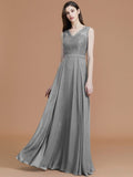 A-Line/Princess V-neck Sleeveless Floor-Length Lace Chiffon Bridesmaid Dresses TPP0005542